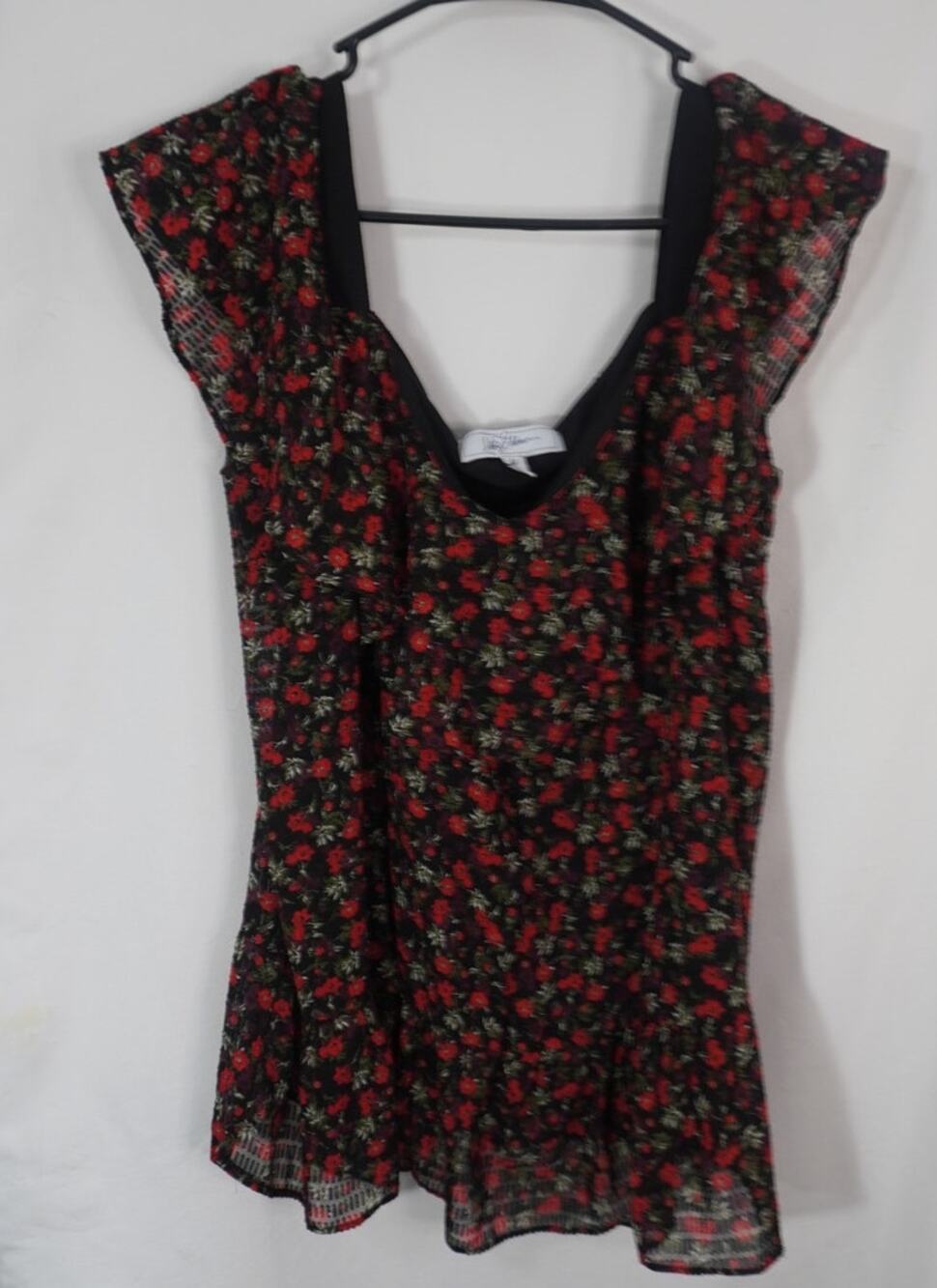 Libby Edelman Black Red Floral Cold Shoulder Blouse M Romantic Boho